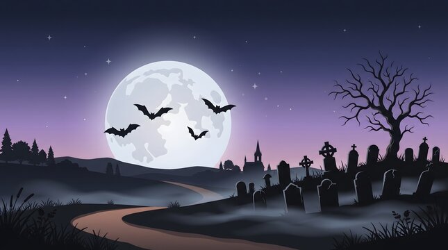 Spooky halloween landscape with full moon and bats in vector illustration