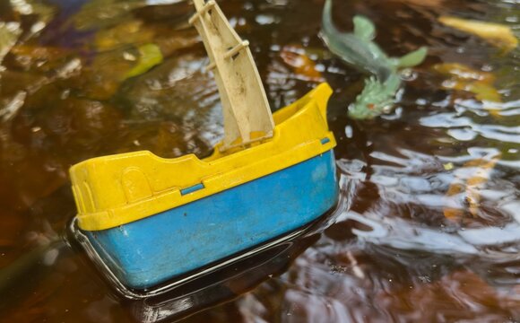  plastic toy boat floating in water puddle on asphalt path with yellow autumn leaves 