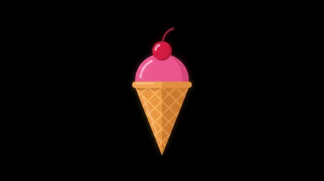 Pink ice cream cone graphic animation with cherry on top against dark background