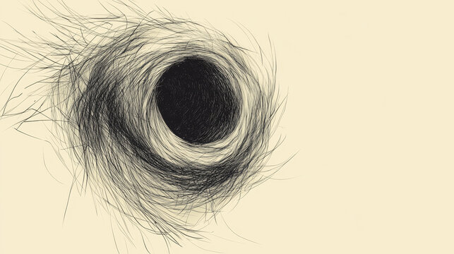 Abstract black void surrounded by a chaotic swirl of fine, dark, sketch-like lines on a minimalist cream background