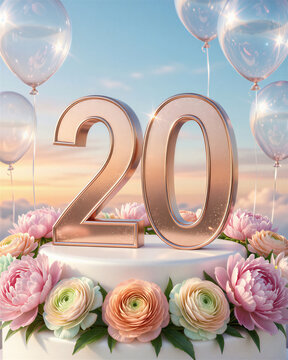 A white cake adorned with pink and peach flowers and a large rose-gold 20 on top is surrounded by clear balloons against a sunset background for a birthday celebration.