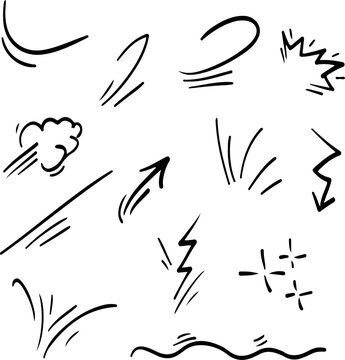 Hand-drawn doodle elements for motion and speed abstract graphic symbols for comic effects and design accents isolated on white background