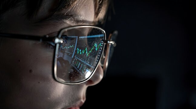 Close up of a young person wearing glasses reflecting stock market data charts.