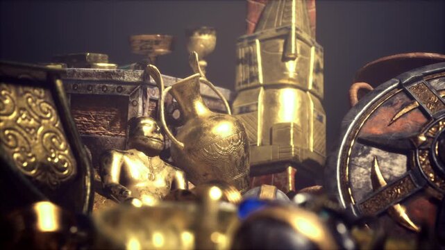 Brass gears and compass instruments clustered in dim vault, weathered patina on clockwork, ornate boxes and metal textures, dusty atmosphere with cinematic