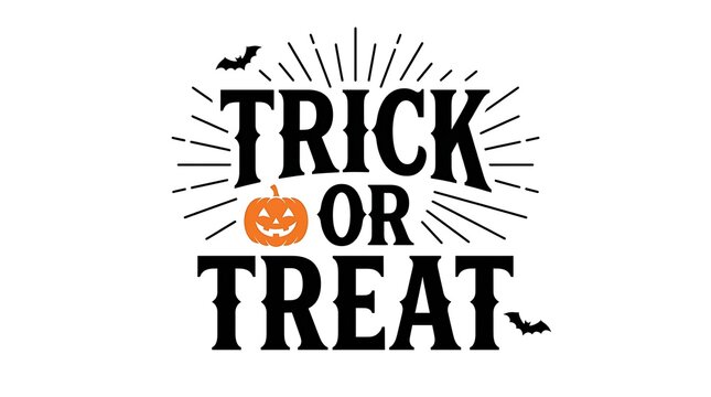Trick or treat decorative Halloween typography design with a smiling carved orange pumpkin and flying black bat silhouettes on white background