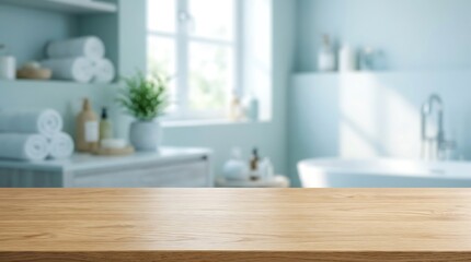 Fototapeta premium Empty wooden table surface with blurred bright bathroom interior background for cosmetic product display and marketing