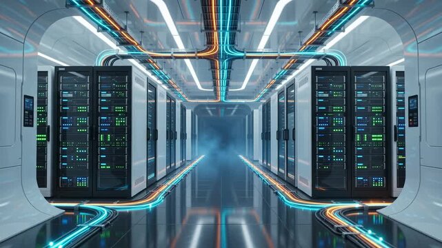 Futuristic data center server room with glowing network cables