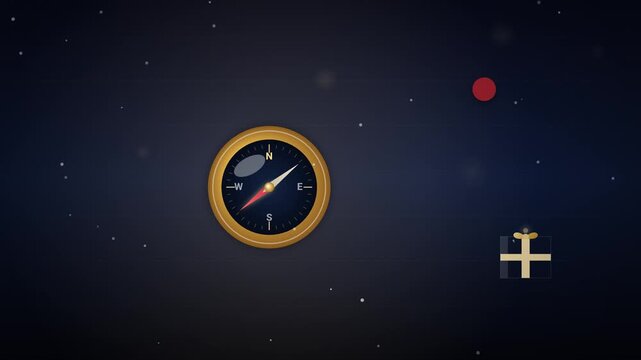 Animated Golden Compass Rotating on a Dark Starry Background Searching