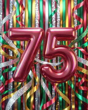 Metallic red 75 balloons surrounded by colorful ribbons and streamers for a festive birthday celebration.