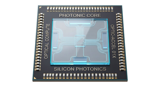 High performance computer processor chip with exposed metallic contacts and central silicon die, isolated on transparent background, 3D semiconductor component for computing, AI and electronics