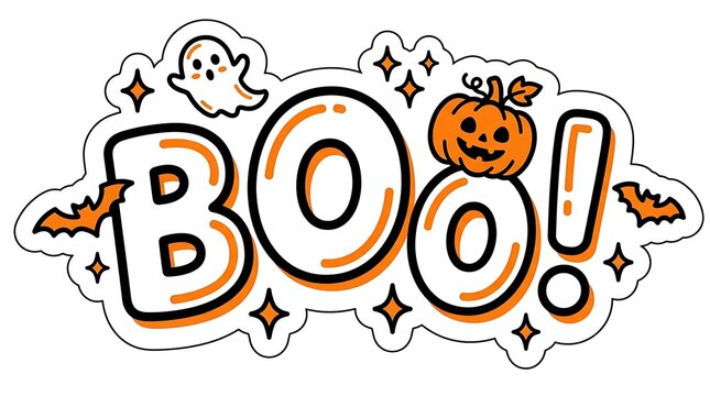 Fun handdrawn halloween boo sticker design with cute ghost jackolantern pumpkin and bats isolated on a white background for seasonal decorations