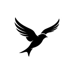 Fototapeta premium A minimalist black silhouette of a bird in flight with wings spread wide, isolated on a clean white background, for projects