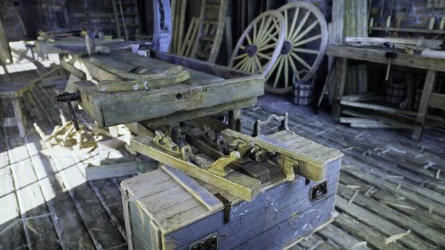 Restoration bench featuring vintage vise and wheel parts spread across worn surface, shafts and clamps catching cool light, focused scene of repair and skilled