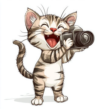 Cartoon striped cat laughs happily, holding a camera Mouth open, tongue visible, ready for a fun shot