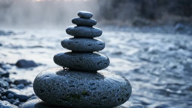 Stacked river stones balanced for zen meditation beside a flowing stream