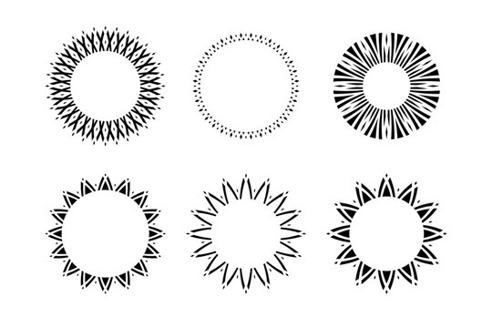 Set of Decorative Radial Round Design Elements. Sun and Flower Icons.