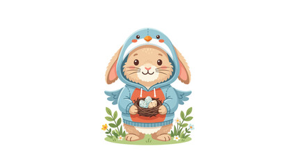 Fototapeta premium Bunny in blue penguin hoodie holding Easter eggs.