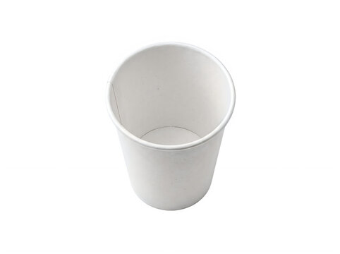 A single empty white paper cup for hot coffee or tea drinks standing upright in a high angle view
