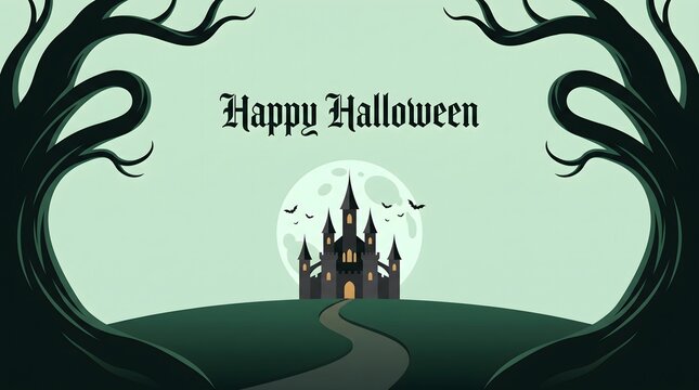 Happy halloween illustration with spooky castle and trees on a green background