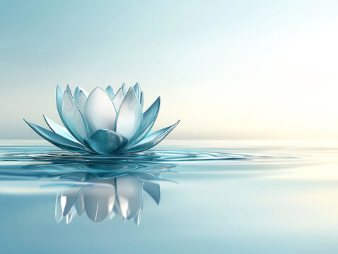 Crystal-like blue lotus flower floats on calm, reflective water under a soft, gradient sky, showing its clear reflection