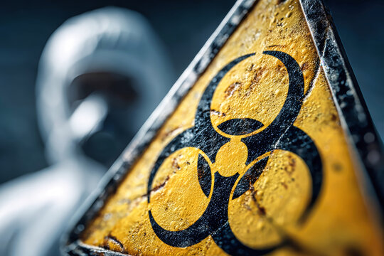 Biohazard sign stands out in sharp focus with a blurred scientis