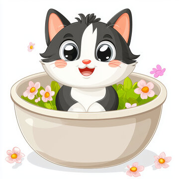 Cute cartoon black and white cat with big eyes, smiling, sitting in a bowl surrounded by green leaves and pink flowers