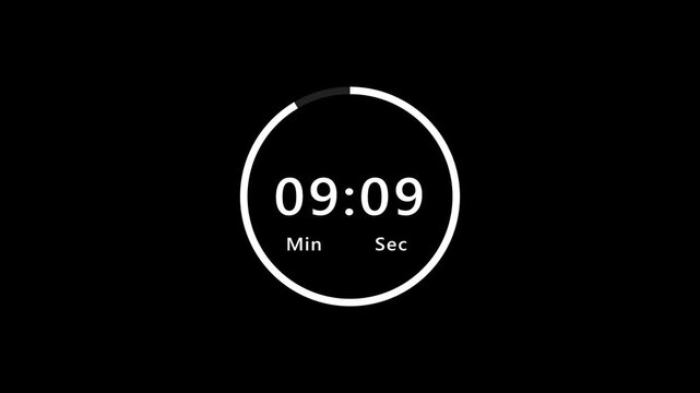 10 minutes circle countdown timer animation, 10 minutes timer animated on black background, ten minutes countdown with bouncy progress bar.