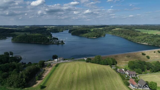 Aerial view of the Bever Reservoir in the Oberbergischer Kreis district of North Rhine-Westphalia. H&uuml;ckeswagen, Germany.