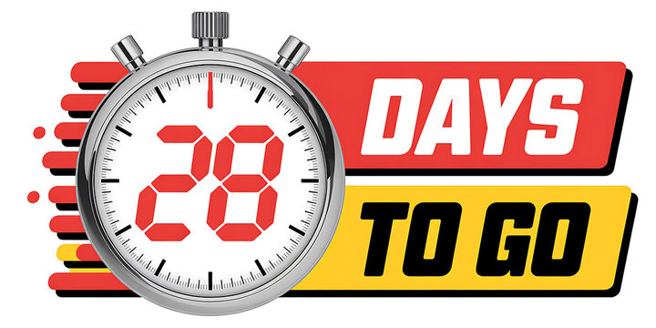 Digital stopwatch countdown showing twenty eight days left with red and yellow speed lines 