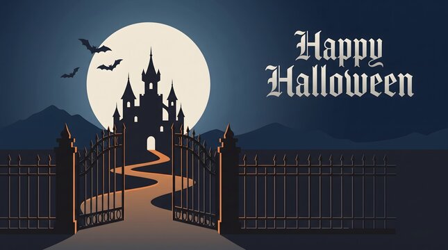 Happy halloween illustration with haunted castle bats and gate in a spooky night scene