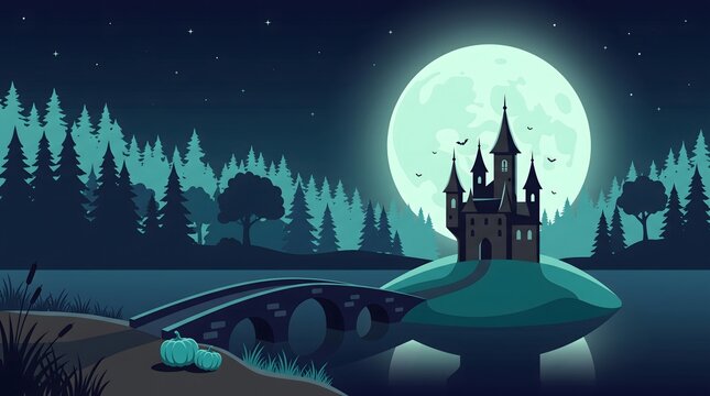 Haunted castle on a hill with a full moon and halloween night scene
