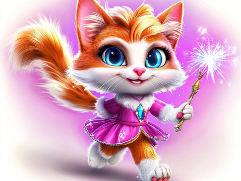 Cute fluffy orange and white cartoon kitten with big blue eyes, wearing a pink dress, holding a sparkling magic wand