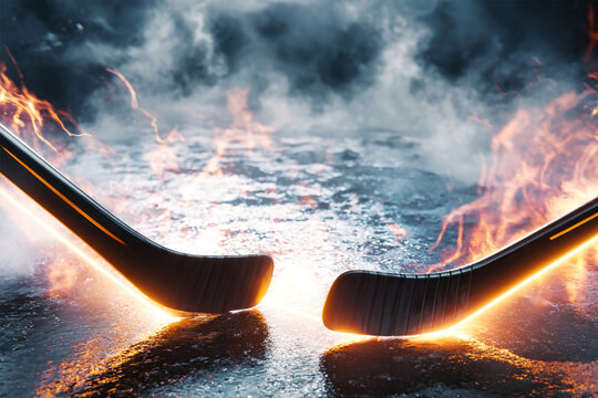 Two modern hockey sticks engage in a heated battle for the puck