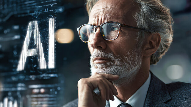 A businessman in a suit looks deep in thought about artificial i