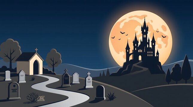Spooky halloween scene with castle and graveyard under a full moon vector illustration