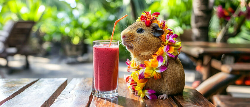 Cute guinea pig wearing a colorful floral lei, beside a red smoothie with an orange straw on a wooden table, tropical background