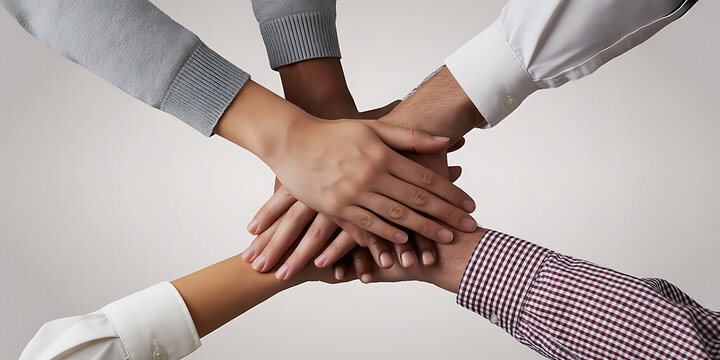 Five diverse hands stacked in a unity gesture against a light gray background symbolizing 