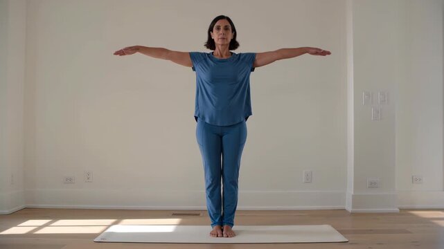Middle-aged woman performs a slow arm mobility exercise