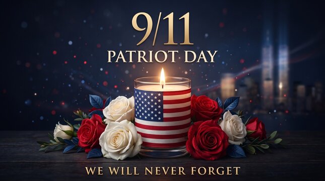 9/11 Never Forget Memorial Tribute with American Flag and Candle