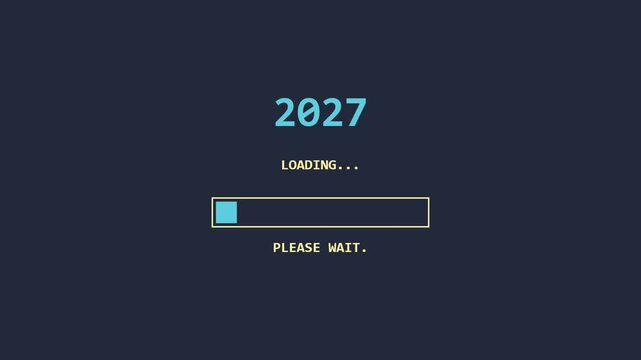 Year 2027 loading progress bar with colorful blocks and text on a dark blue background 4K Motion Video