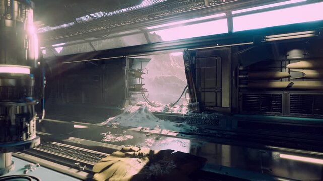 Sunlit damaged spaceship corridor with rubble and scorched panels, drifting dust particles, flickering emergency lights, reflective wet floor, distant circular