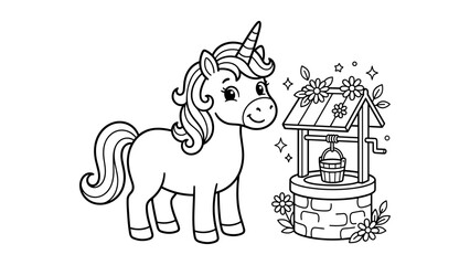 Fototapeta premium Sweet unicorn by wishing well coloring page with floral details for girls art collections