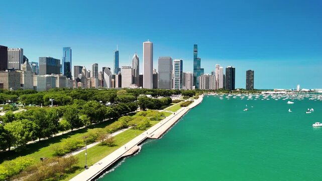 Panoramic drone shot of Chicago waterfront and urban