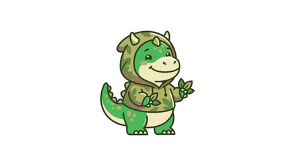 Obraz premium Cute dinosaur wearing a green animal onesie.
