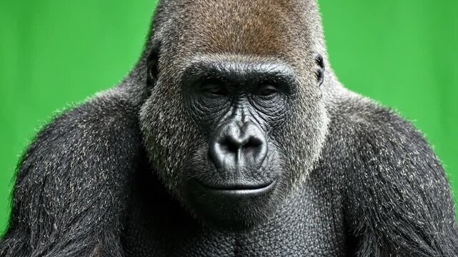 Silverback gorilla staring directly forward in front of a chroma key gorilla green screen background