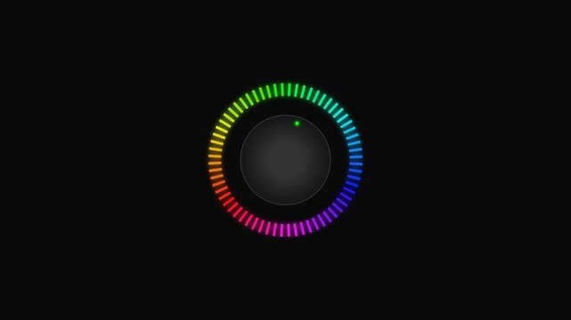 Circular volume knob with a colorful glowing rainbow light indicator on a dark background 4K Motion Video