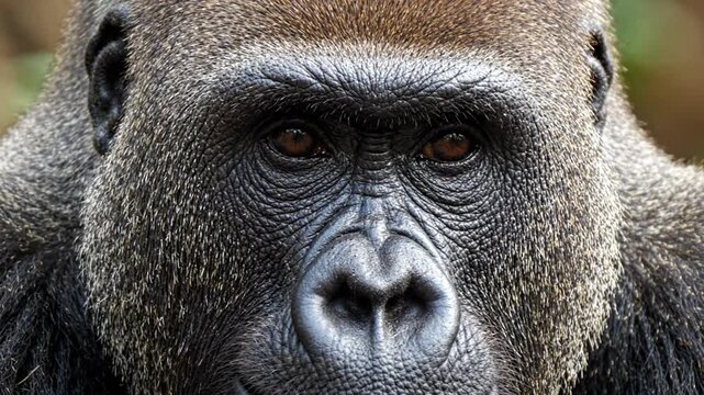 Gorilla staring silverback gorilla green screen closeup portrait looking