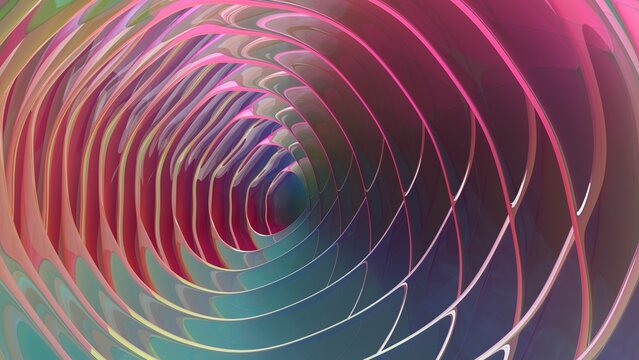 Abstract flowing tunnel formed by luminous layered geometry.