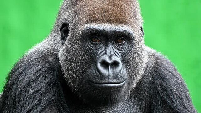 Gorilla staring silverback green screen posing against a vibrant chroma key backdrop