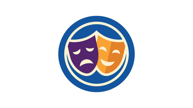 Dual drama masks in comedy and tragedy styles within a blue circular badge.